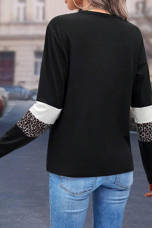 Colorblock Patchwork Crew Neck Long Sleeve Tee - Charming Charlie