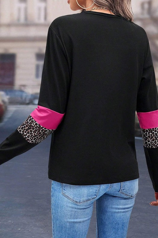 Colorblock Patchwork Crew Neck Long Sleeve Tee - Charming Charlie