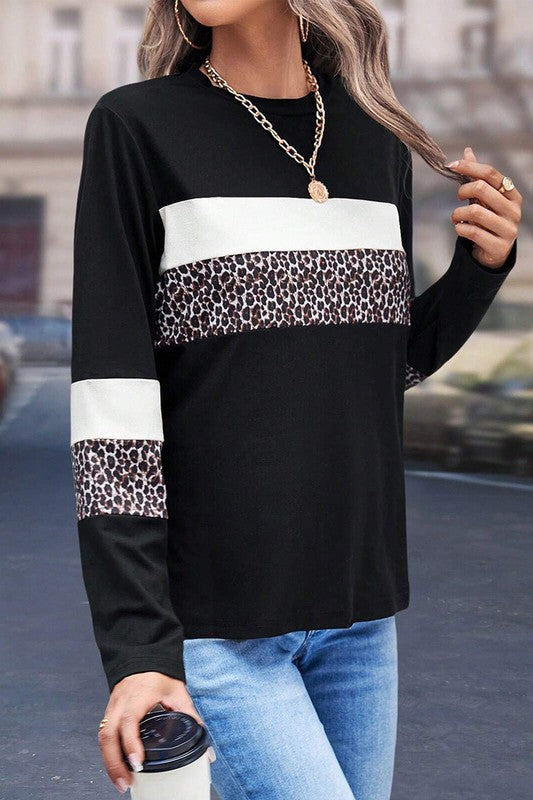 Colorblock Patchwork Crew Neck Long Sleeve Tee - Charming Charlie