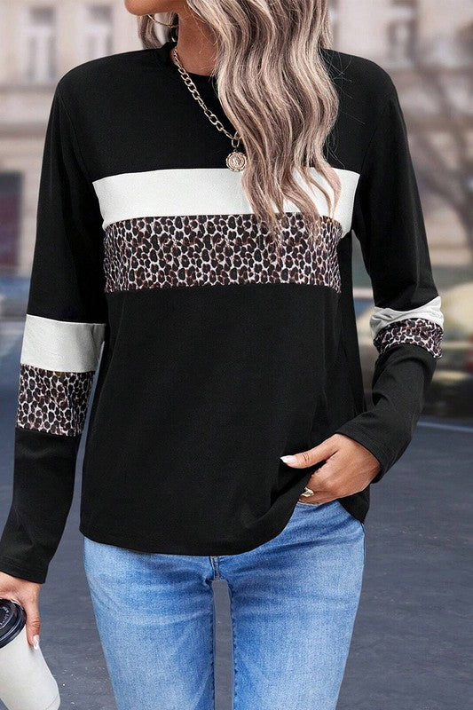 Colorblock Patchwork Crew Neck Long Sleeve Tee - Charming Charlie
