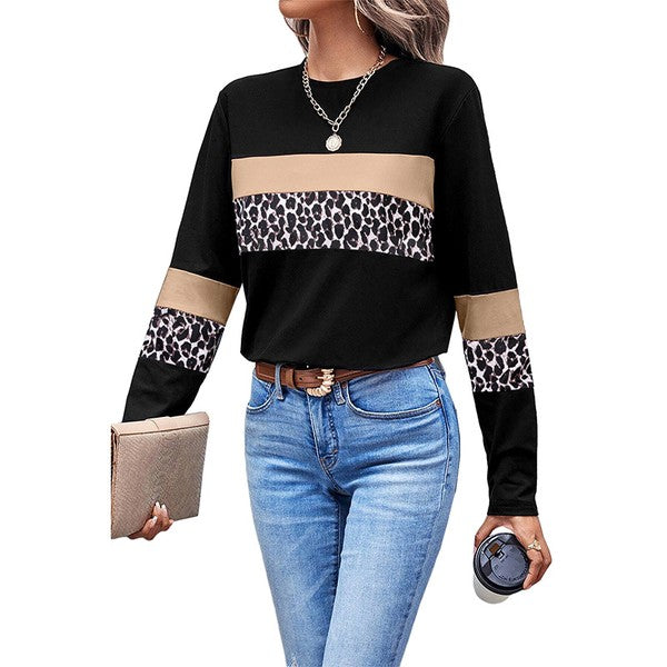 Colorblock Patchwork Crew Neck Long Sleeve Tee - Charming Charlie