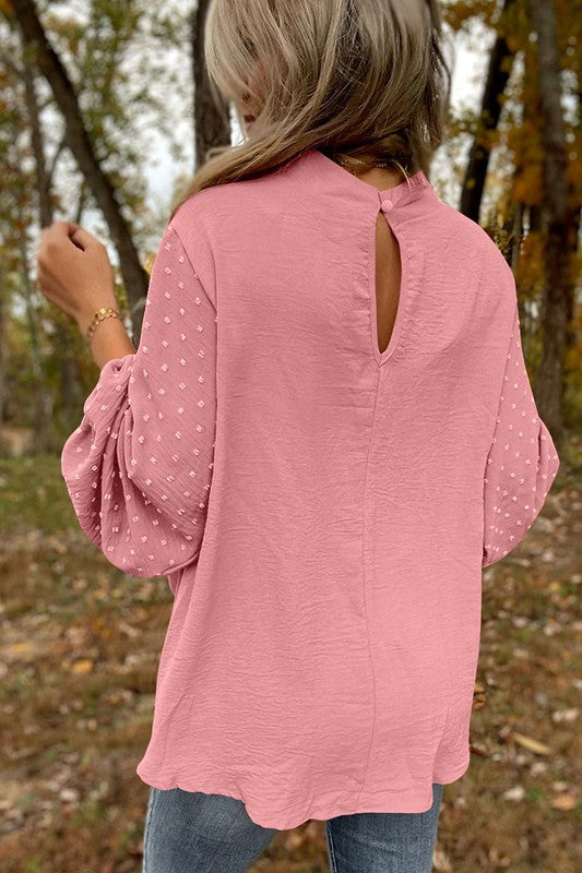 Women Swiss Dot Balloon Sleeve Loose Blouse - Charming Charlie
