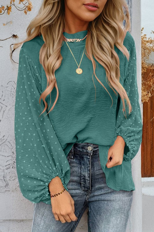 Women Swiss Dot Balloon Sleeve Loose Blouse - Charming Charlie