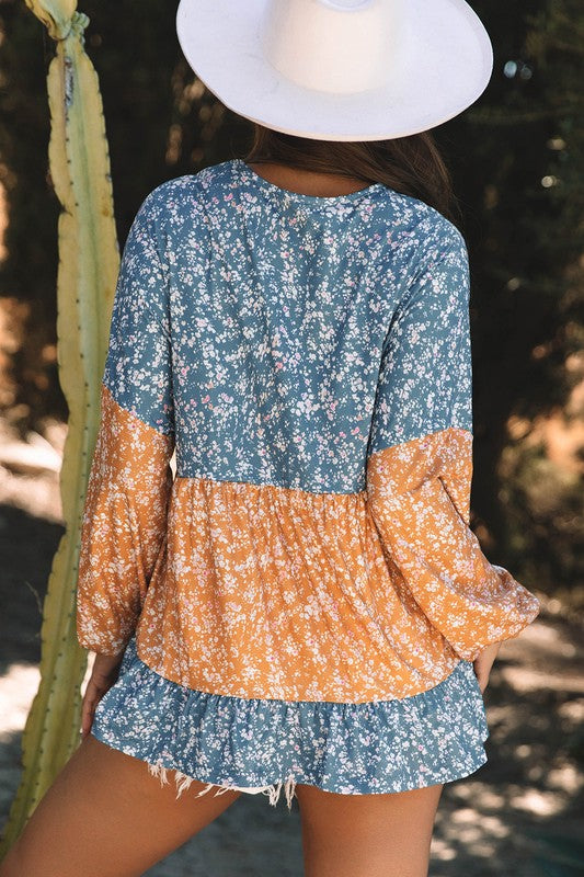 Women Patchwork Ruffled Hem Round Neck Blouse - Charming Charlie