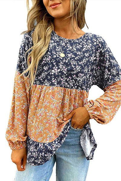 Women Patchwork Ruffled Hem Round Neck Blouse - Charming Charlie