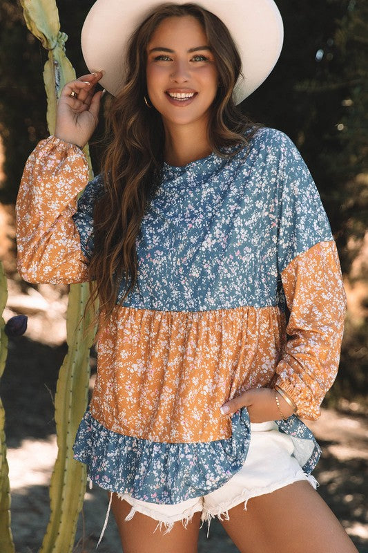 Women Patchwork Ruffled Hem Round Neck Blouse - Charming Charlie