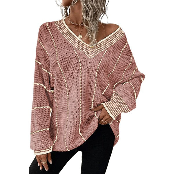 Women Striped V Neck Knitted Loose Sweater - Charming Charlie