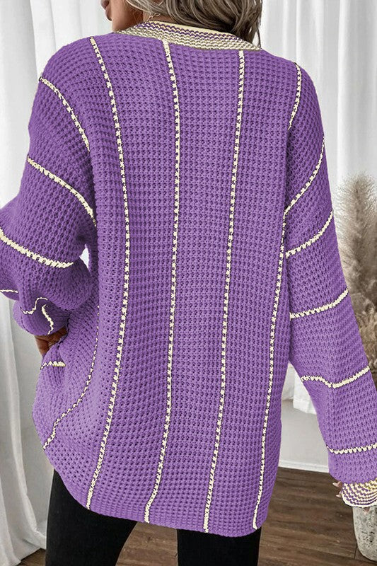 Women Striped V Neck Knitted Loose Sweater - Charming Charlie