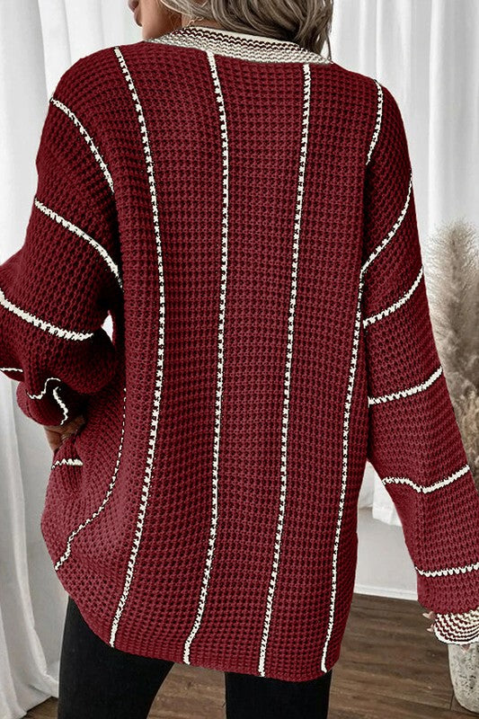 Women Striped V Neck Knitted Loose Sweater - Charming Charlie