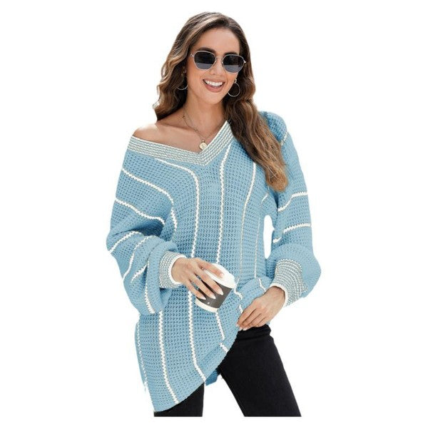 Women Striped V Neck Knitted Loose Sweater - Charming Charlie