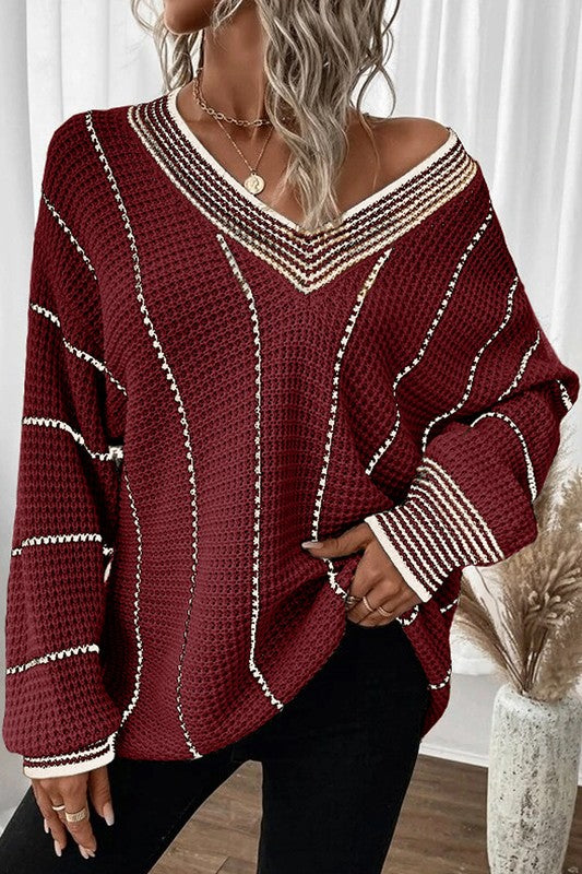 Women Striped V Neck Knitted Loose Sweater - Charming Charlie