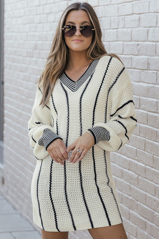 Women Striped V Neck Knitted Loose Sweater - Charming Charlie