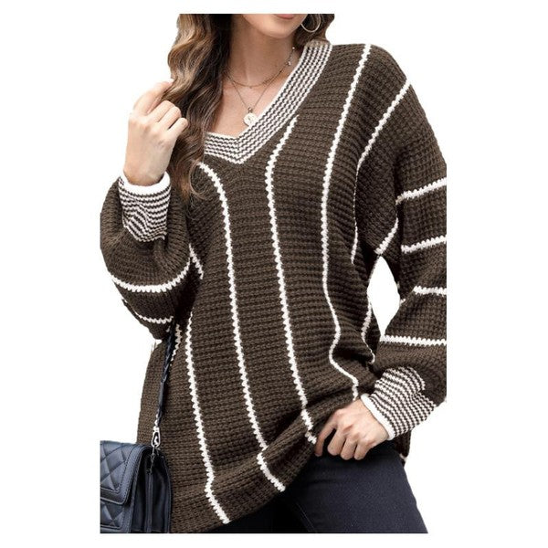 Women Striped V Neck Knitted Loose Sweater - Charming Charlie