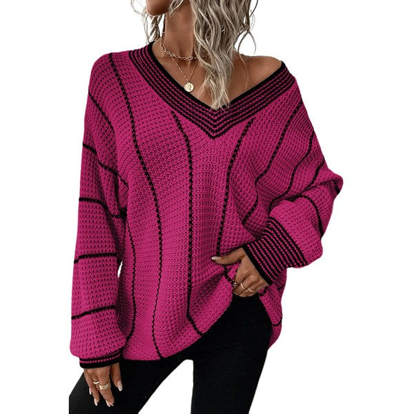 Women Striped V Neck Knitted Loose Sweater - Charming Charlie