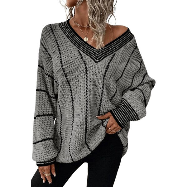 Women Striped V Neck Knitted Loose Sweater - Charming Charlie