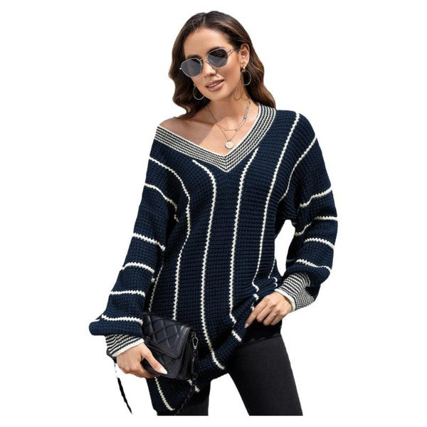 Women Striped V Neck Knitted Loose Sweater - Charming Charlie