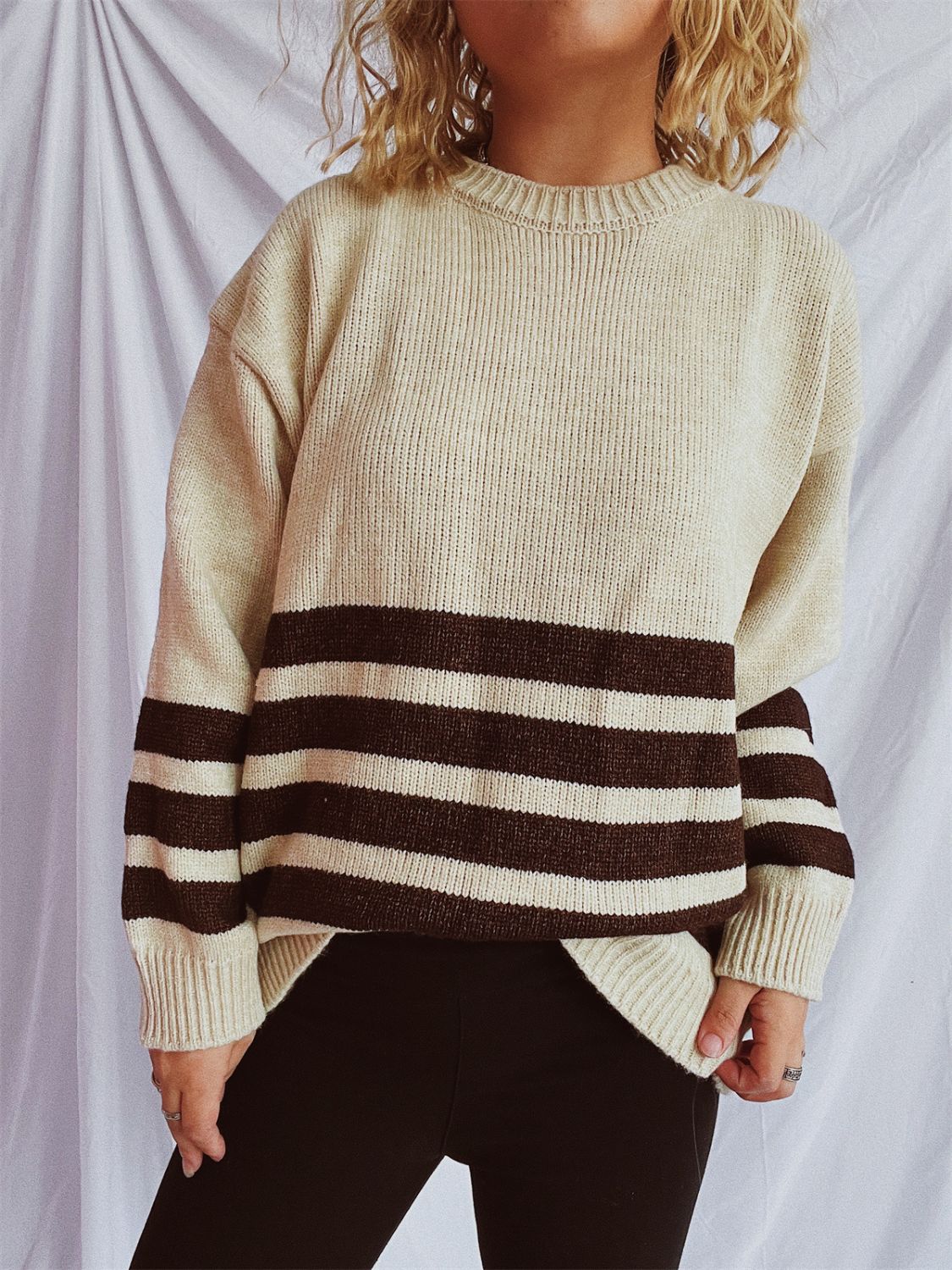Striped Dropped Shoulder Long Sleeve Sweater - Charming Charlie