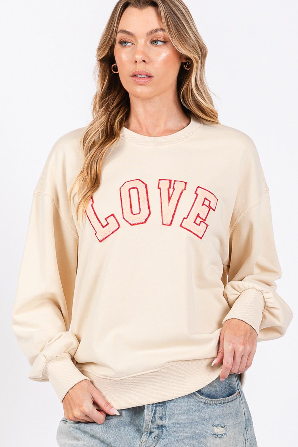 SAGE + FIG LOVE Path Applique Drop Shoulder Sweatshirt - Charming Charlie