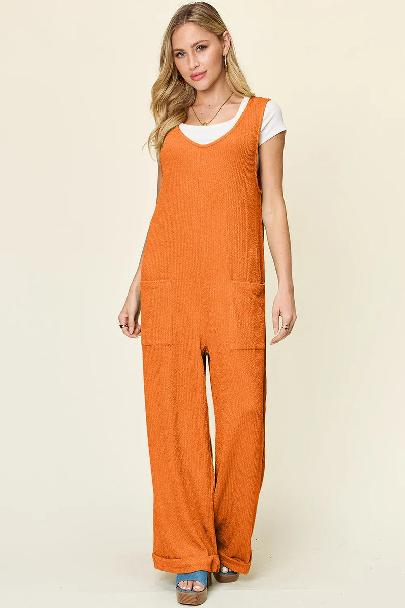 Double Take Full Size V-Neck Tie Front Short Sleeve Slit Jumpsuit