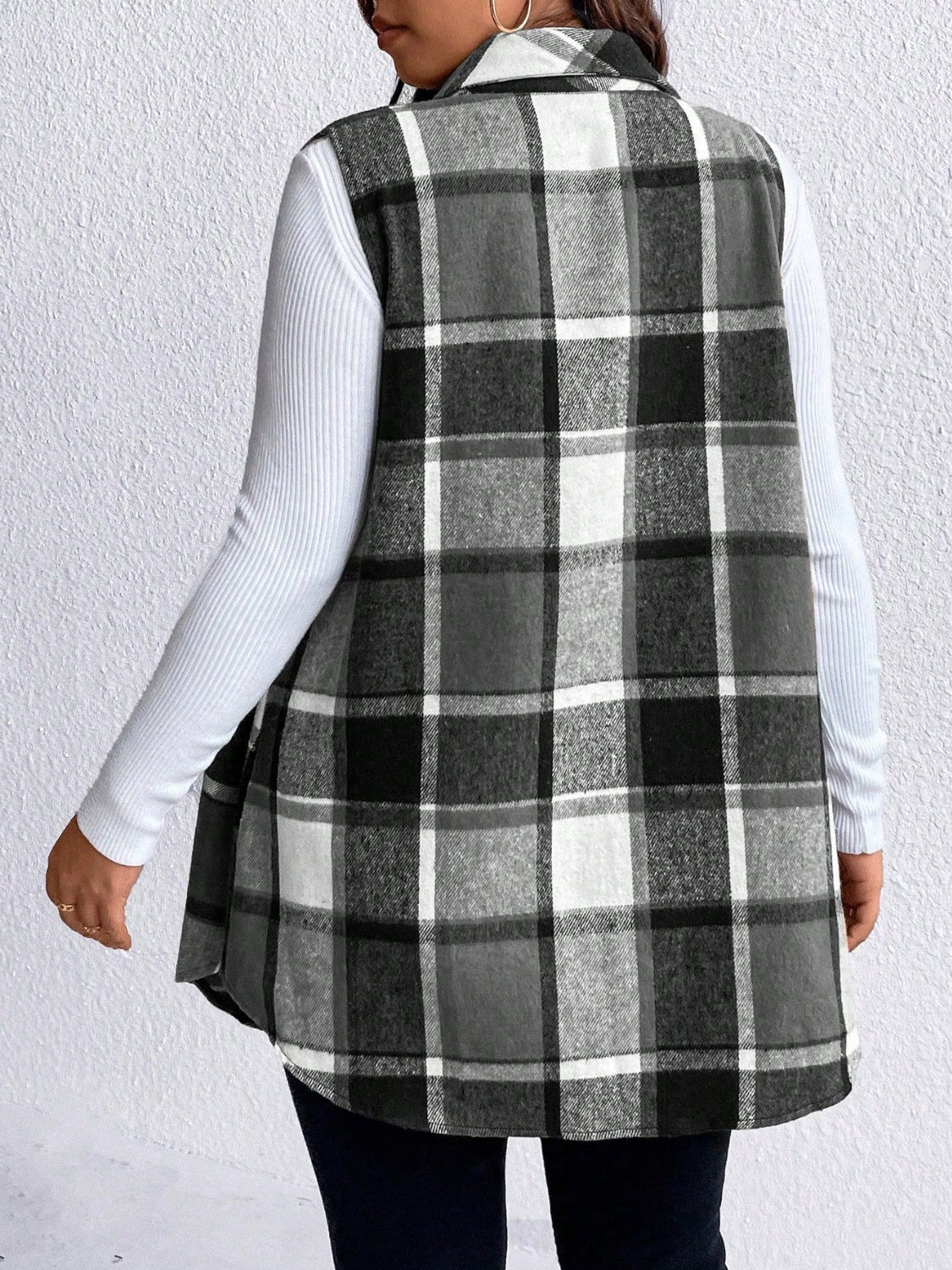 Honey Plus Size Pocketed Plaid Button Up Vest Coat - Charming Charlie