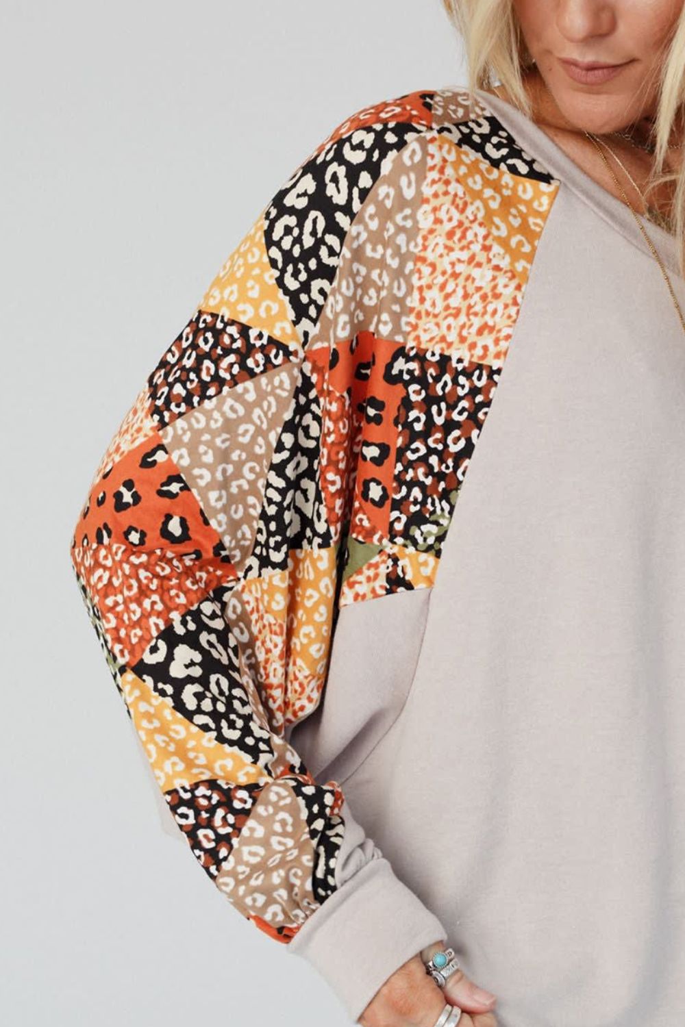 Leopard Contrast V-Neck Long Sleeve Blouse - Charming Charlie