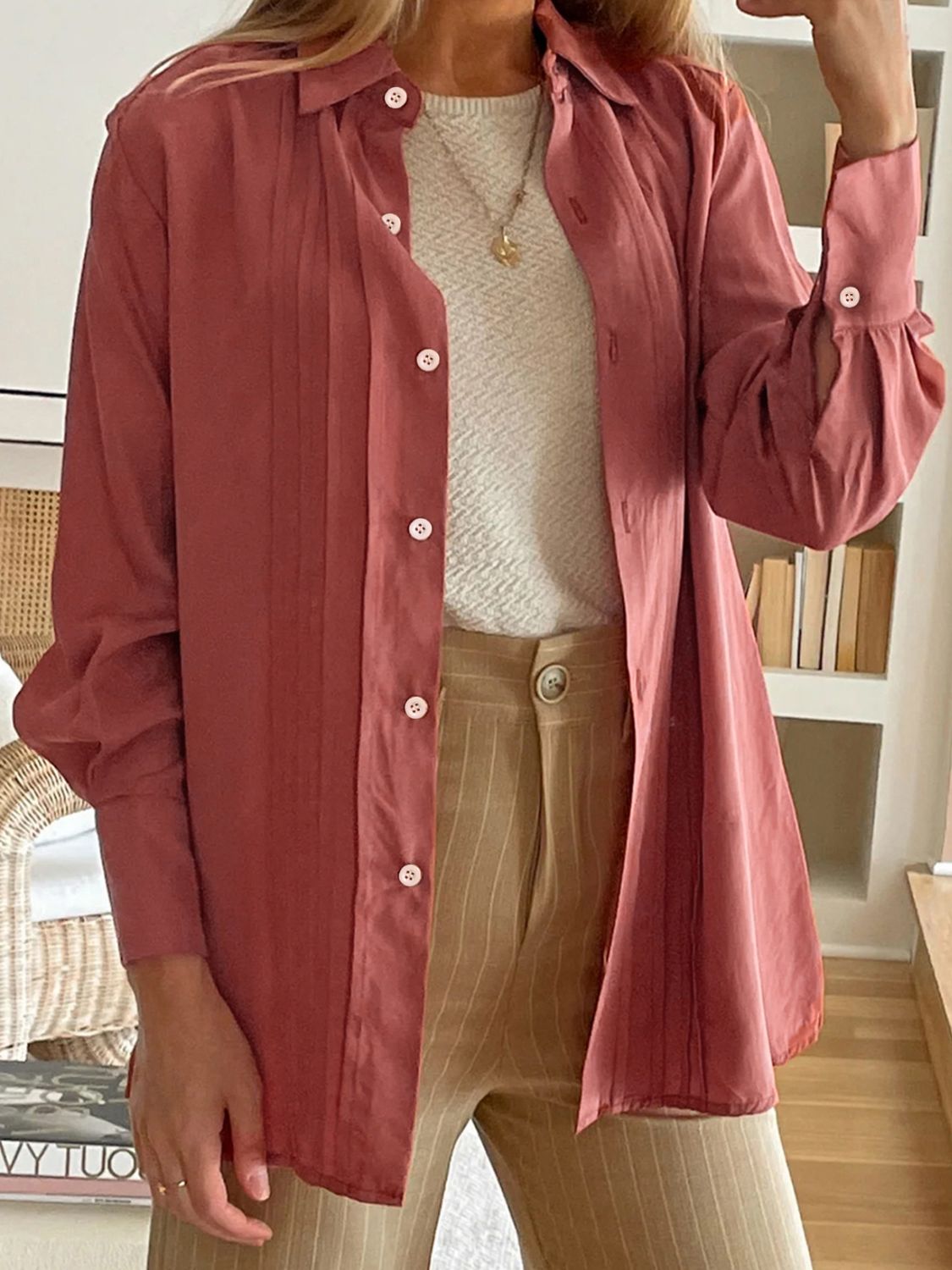 Perfee Ruched Collared Neck Long Sleeve Shirt - Charming Charlie