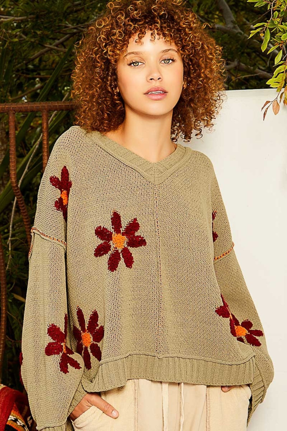 POL V-Neck Floral Pattern Chenille Sweater - Charming Charlie