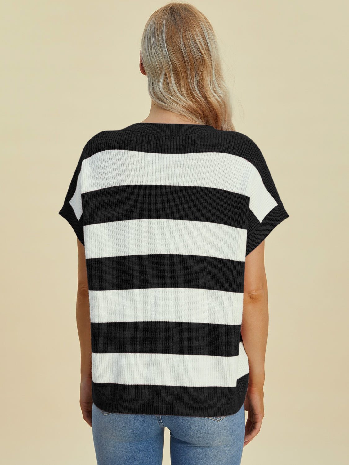 Double Take Full Size Striped V-Neck Short Sleeve Sweater - Charming Charlie