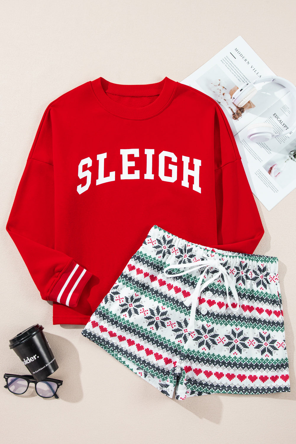 Letter Graphic Round Neck Top and Printed Shorts Lounge Set - Charming Charlie