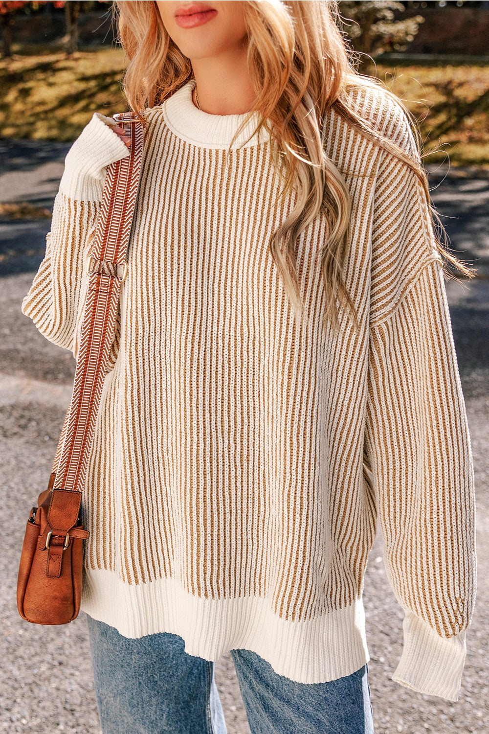 Round Neck Dropped Shoulder Sweater - Charming Charlie