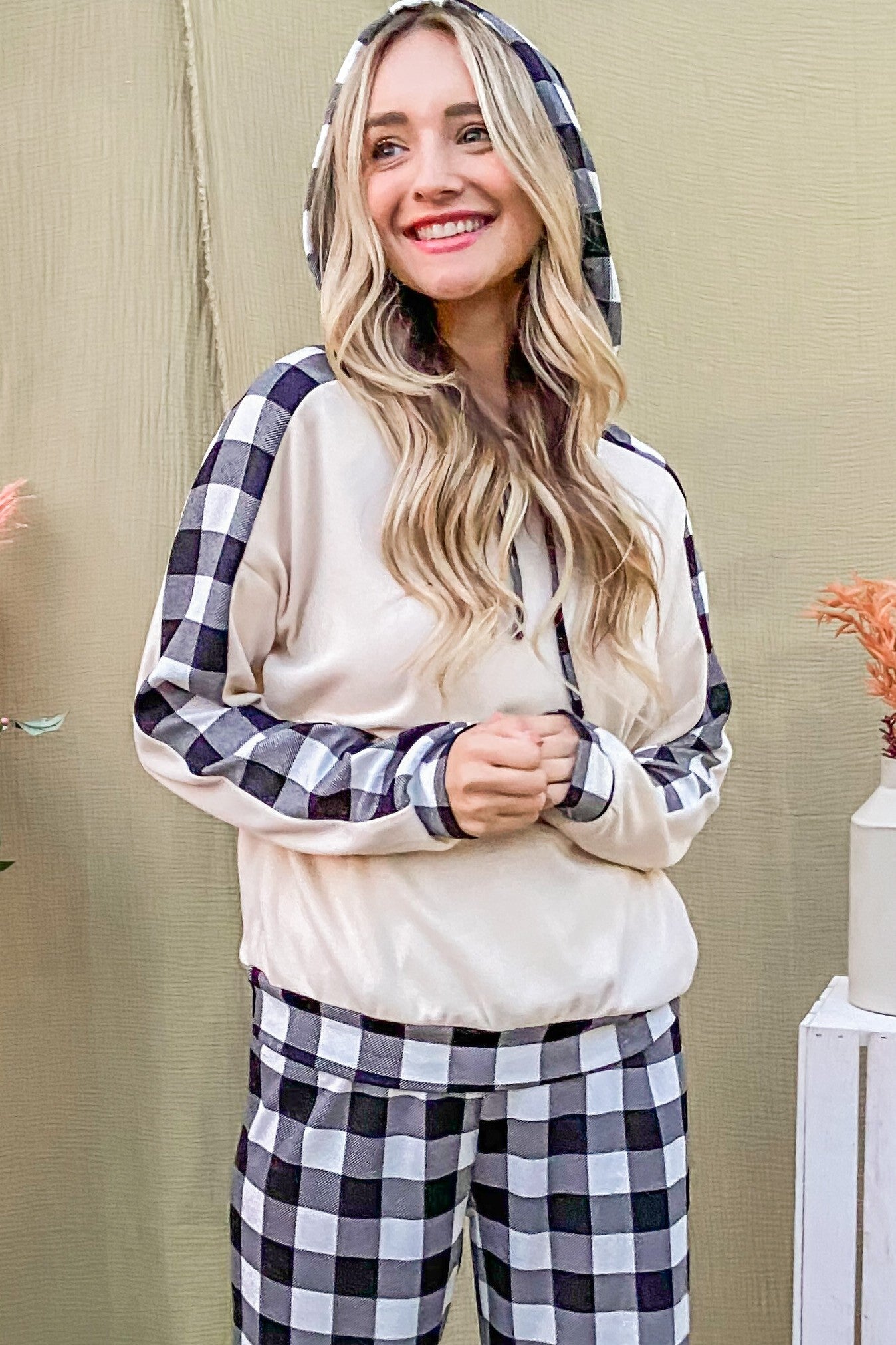 And The Why Drawstring Hooded Top and Plaid Pants Lounge Set - Charming Charlie
