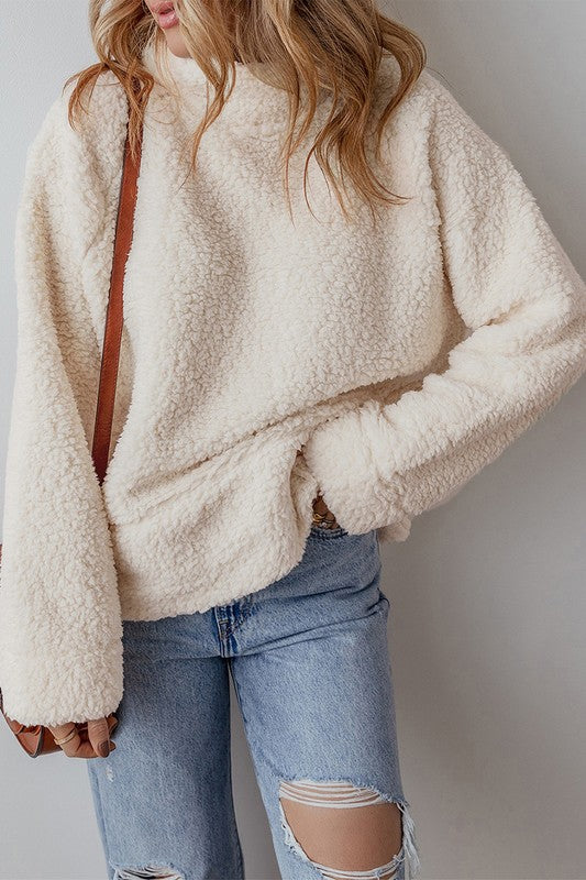 Women Solid Fleece High Neck Pullover Sweatshirt - Charming Charlie