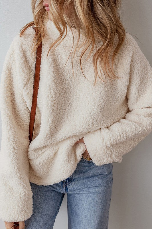 Women Solid Fleece High Neck Pullover Sweatshirt - Charming Charlie