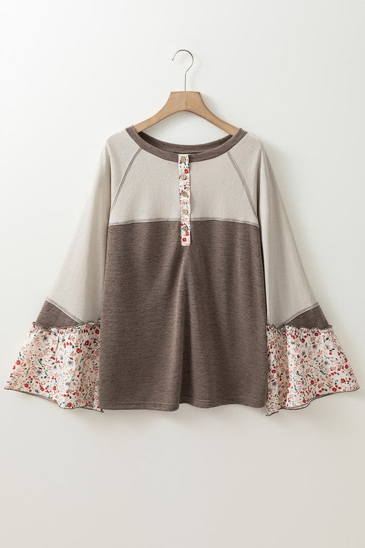 Women Patchwork Flared Sleeve Buttons Sweatshirts - Charming Charlie