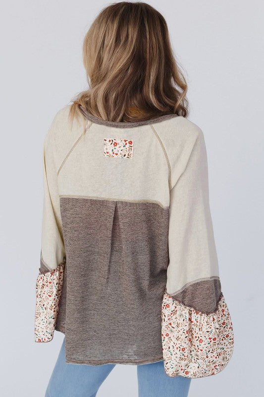Women Patchwork Flared Sleeve Buttons Sweatshirts - Charming Charlie