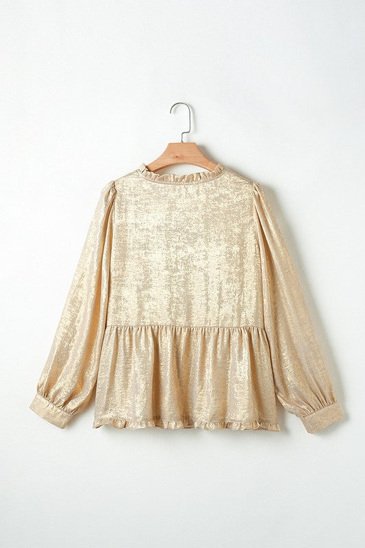 Women Metallic Frilled Puff Sleeve Babydoll Blouse - Charming Charlie
