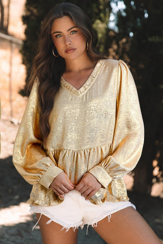 Women Metallic Frilled Puff Sleeve Babydoll Blouse - Charming Charlie