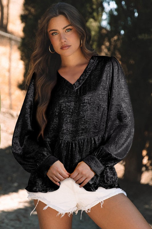 Women Metallic Frilled Puff Sleeve Babydoll Blouse - Charming Charlie