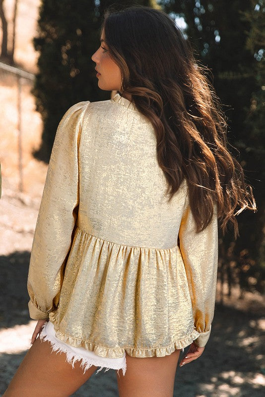 Women Metallic Frilled Puff Sleeve Babydoll Blouse - Charming Charlie