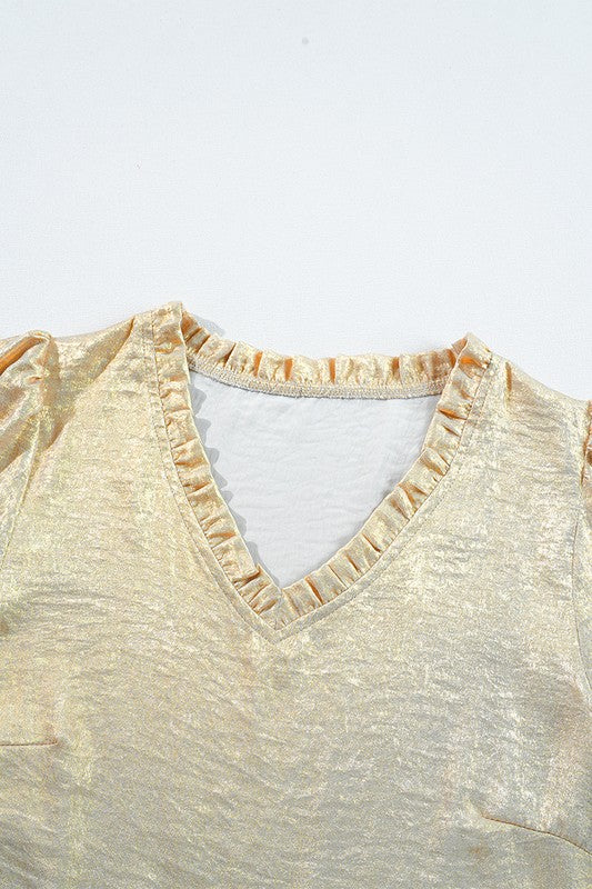 Women Metallic Frilled Puff Sleeve Babydoll Blouse - Charming Charlie