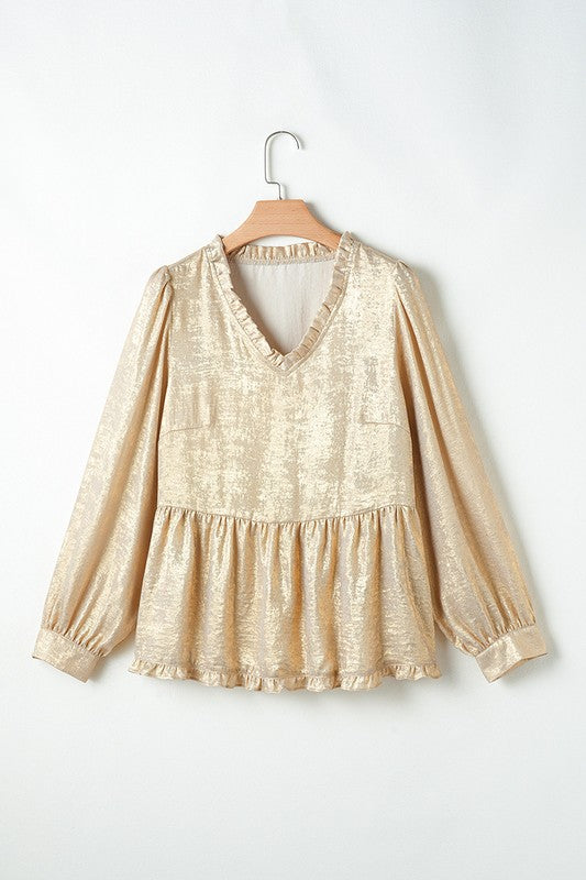 Women Metallic Frilled Puff Sleeve Babydoll Blouse - Charming Charlie