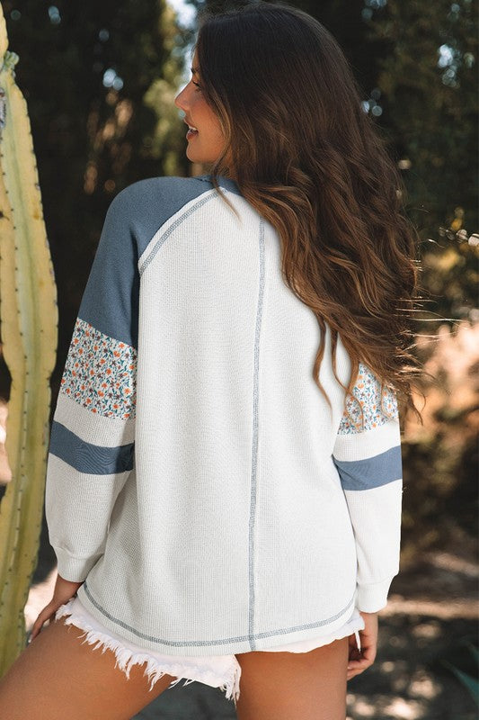 Floral Patchwork Waffle Knit Raglan Sweatshirts - Charming Charlie