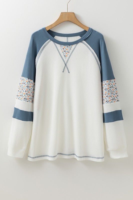 Floral Patchwork Waffle Knit Raglan Sweatshirts - Charming Charlie