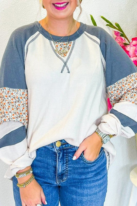 Floral Patchwork Waffle Knit Raglan Sweatshirts - Charming Charlie