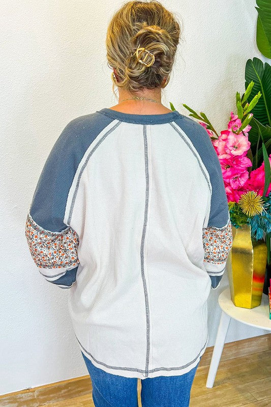 Floral Patchwork Waffle Knit Raglan Sweatshirts - Charming Charlie