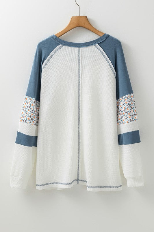 Floral Patchwork Waffle Knit Raglan Sweatshirts - Charming Charlie