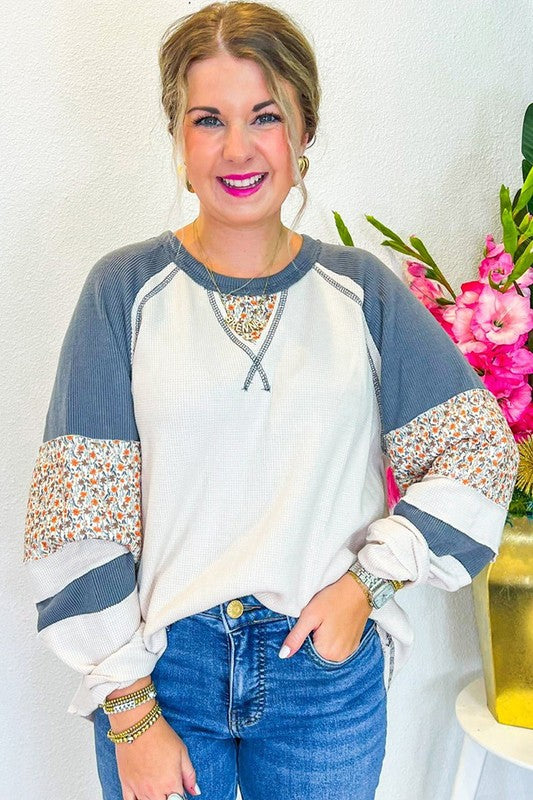 Floral Patchwork Waffle Knit Raglan Sweatshirts - Charming Charlie