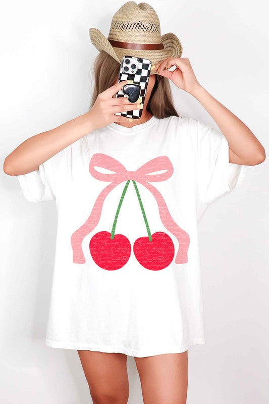 CHERRY BOW RIBBON OVERSIZED GRAPHIC TEE - Charming Charlie