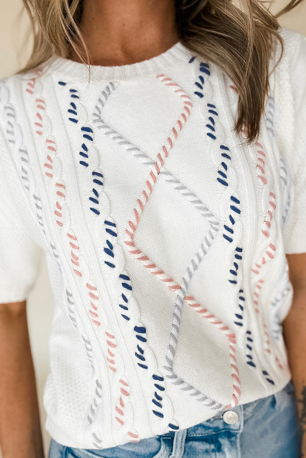 Cable Knit Round Neck Half Sleeve Sweater - Charming Charlie