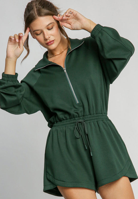 Drawstring Half Zip Long Sleeve Romper - Charming Charlie